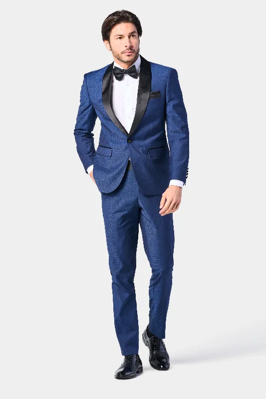 Medium Blue Diamond Texture Shawl Lapel Tuxedo