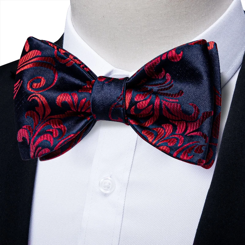 Blue Red Floral Self-tied Bow Tie Pocket Square Cufflinks Set