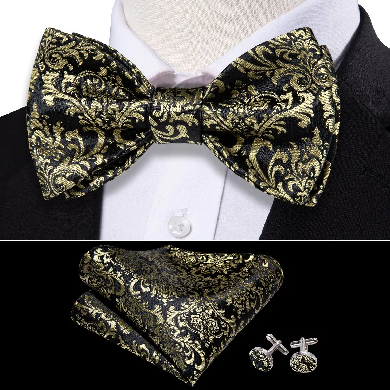 Barry Wang Black Yellow Floral Self Tie Bow Tie Hanky Cufflinks Set