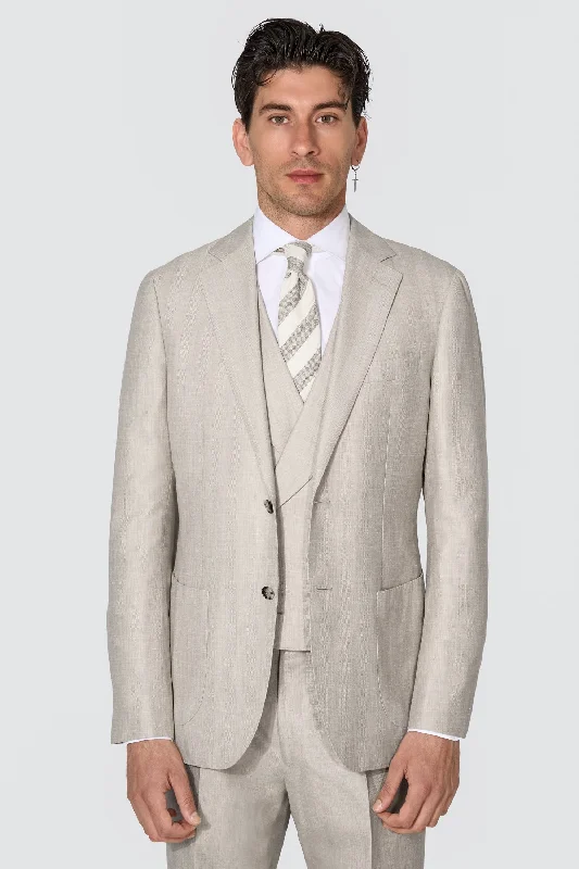 New Suitsupply Havana Light Brown Herringbone Wool, Silk, Linen 3 Piece DB Suit - Size 46L (Final Sale)