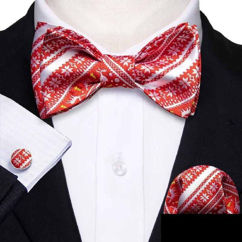 Christmas Red Silver Elk Silk Bow Tie Hanky Cufflinks Set