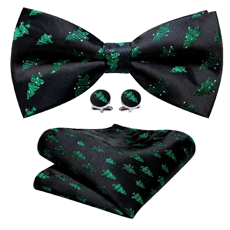 Barry Wang Christmas Black Green Tree Men Bow Tie Hanky Cufflinks Set