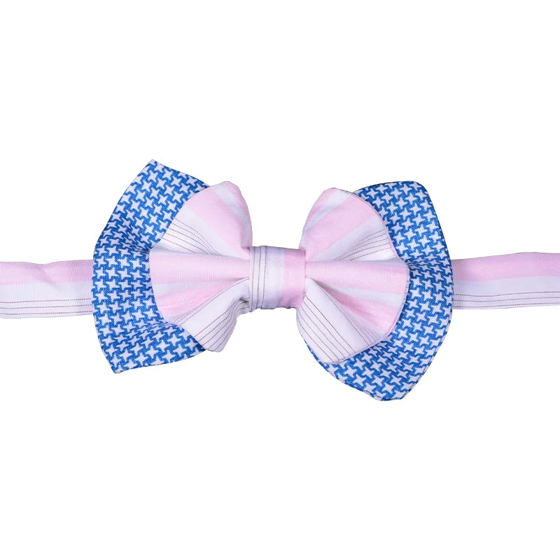 Blue/white bowtie and white with pink/tan stripes