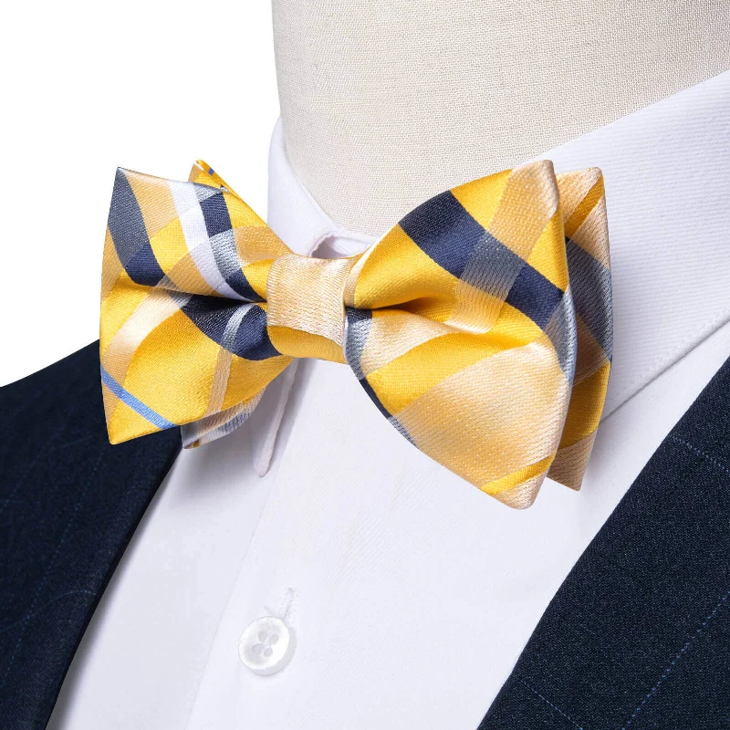 Ties2you Kids Bow Tie Yellow Blue Plaid Silk Bow Tie Pocket Square Set