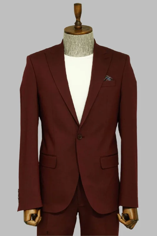 Single Buttons 2 Piece Burgundy Men Suit - Wessi