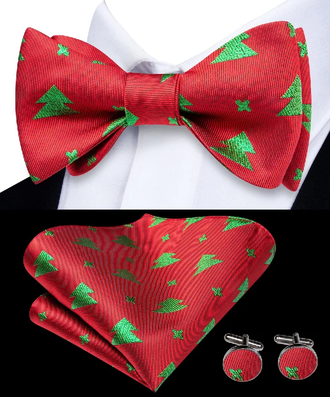 Red Christmas Green Tree Novelty Self-tied Bow Tie Pocket Square Cufflinks Set