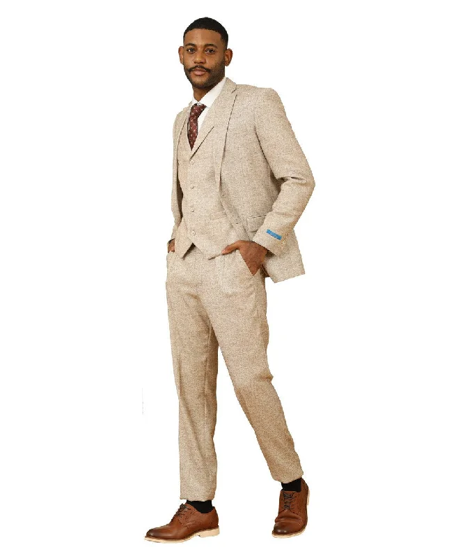 "Hybrid Fit" 3-Piece Tweed Suit with Notch Lapel by Sean Alexander - Beige