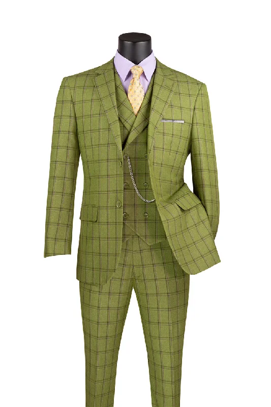 Lazio Collection - Modern Fit Windowpane Suit 3 Piece in Moss Green