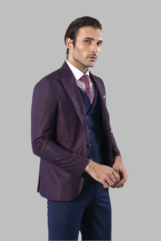 Burgundy Jacket Combined Navy Blue Suit - Wessi