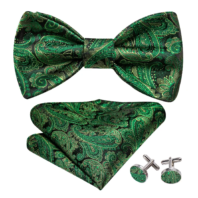 Grass Green Paisley Bow Tie Hanky Cufflinks Set