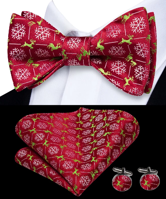 Christmas Red White Snow Self-tied Bow Tie Pocket Square Cufflinks Set