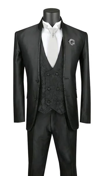 Bourbon Collection - Slim Fit 3 Piece Banded Collar Shiny Sharkskin Suit in Black