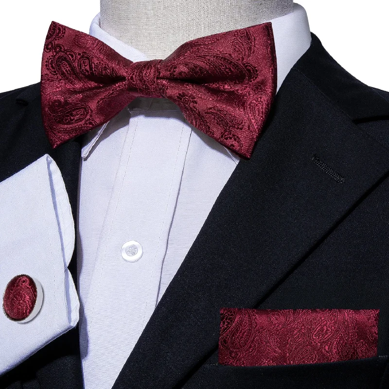 Dark Red Paisley Pre-tied Bow Tie Hanky Cufflinks Set