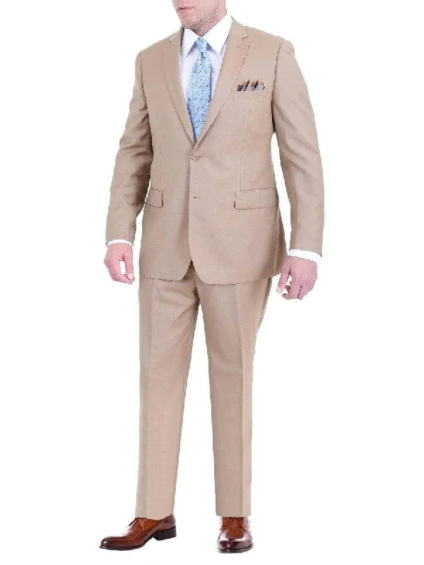 Men's Big & Tall Regular Fit Tan Light Brown Two Button 2 Piece 100% Wool Suit