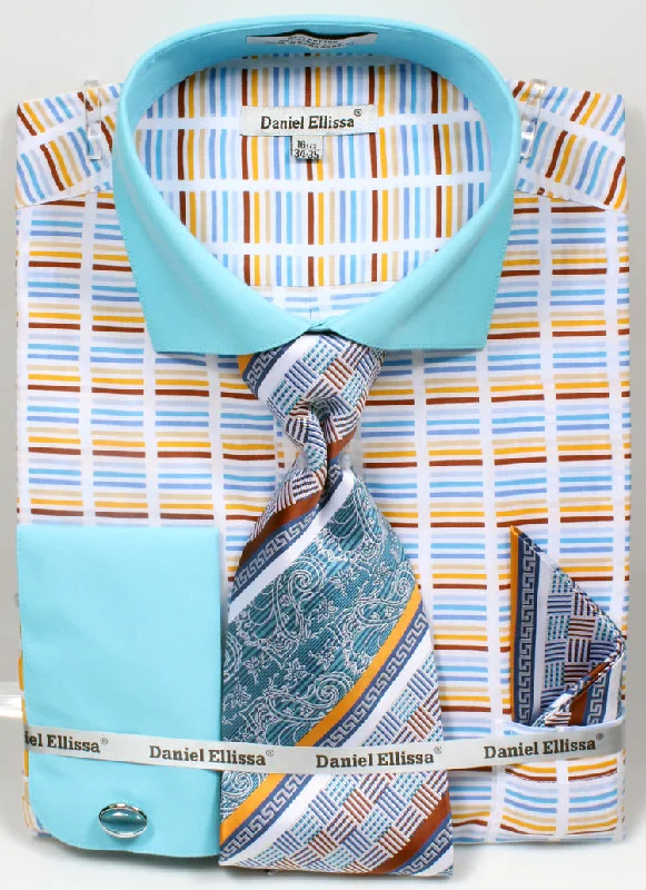 French Cuff Cotton Shirt Set in Turquoise with Tie, Cuff Links and Pocket Square