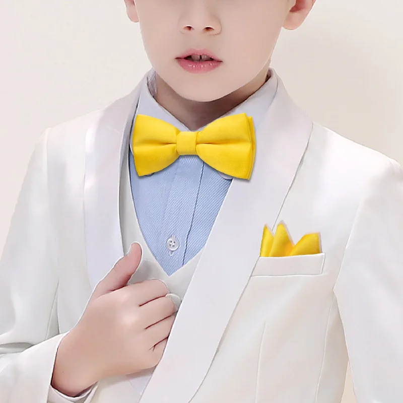 Barry Wang Canary Solid Boys Silk Bow Tie Pocket Square Set For Kids