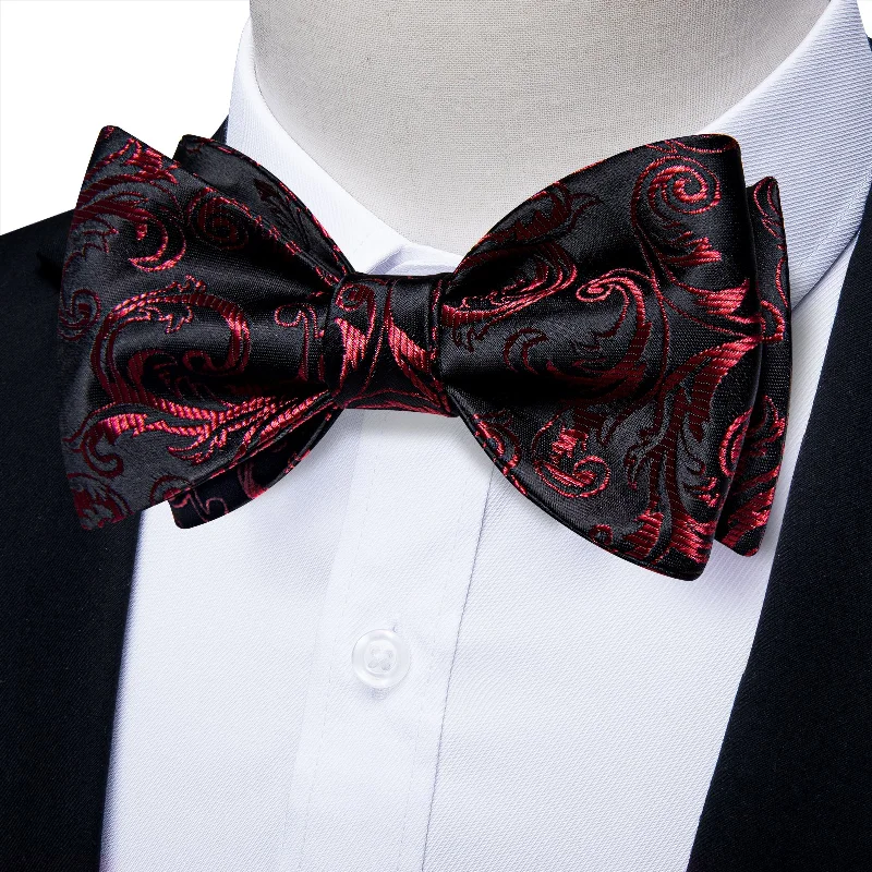 Black DarkRed Floral Self-tied Bow Tie Pocket Square Cufflinks Set