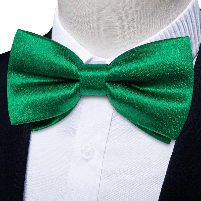 Ties2you Emerald Green Bow Tie Shining Solid Silk Men's Pre-tied Bowtie Handkerchief Cufflinks set