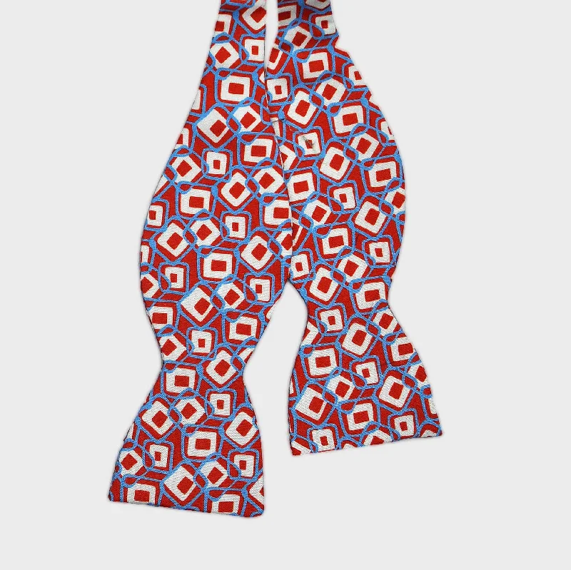 English Printed Silk Geometrics Bow Tie in Red & Blue