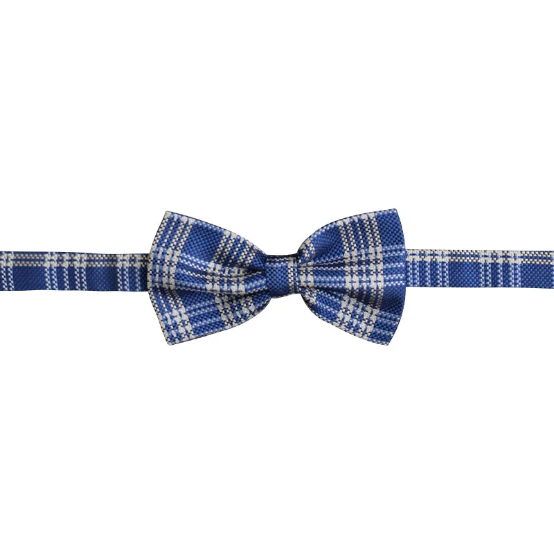 Blue and white plaid bow tie