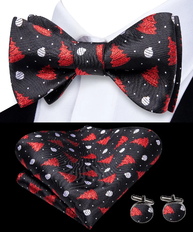 Black Red Christmas Tree Self-tied Bow Tie Pocket Square Cufflinks Set