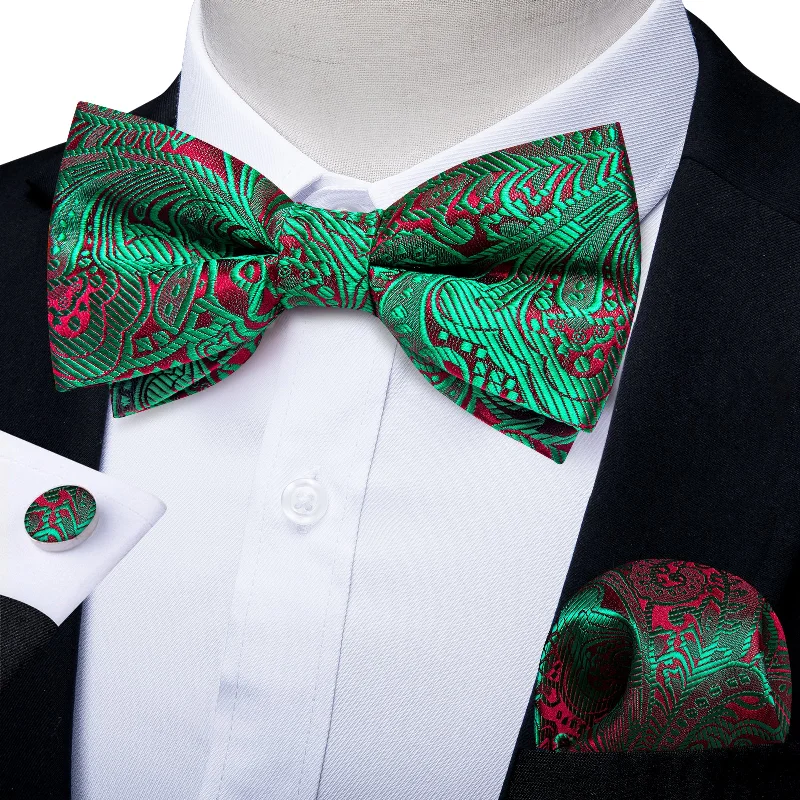 Green Red Paisley Pre-tied Bow Tie Hanky Cufflinks Set