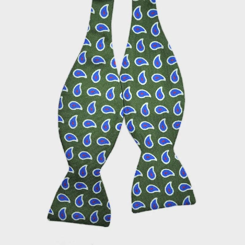 English Printed Silk Little Teardrops Bow Tie in Olive & Blue