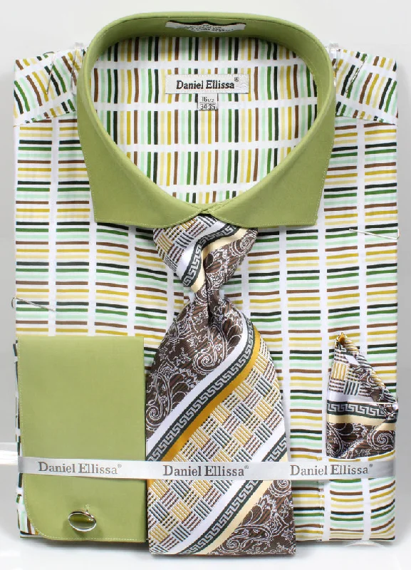 French Cuff Cotton Shirt in Green with Tie, Cuff Links and Pocket Square