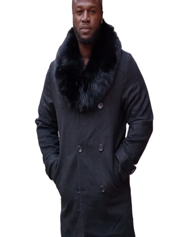 Mens Peacoat With Fur Collar - Black Wool Coat