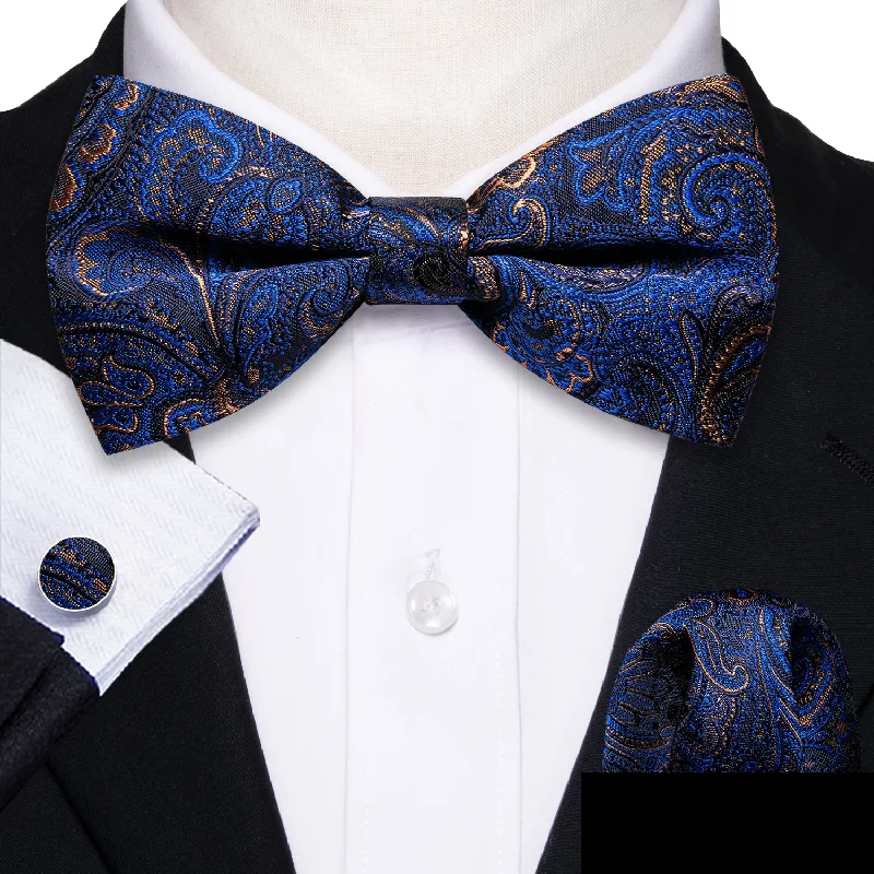 Barry Wang Blue Brown Paisley Pre-tied Men Bow Tie Hanky Cufflinks Set