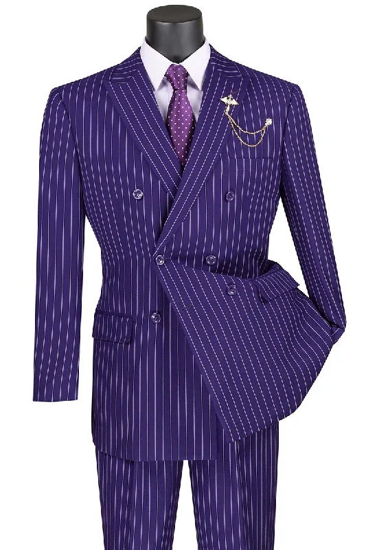 Rockefeller Collection - Double Breasted Stripe Suit Purple Regular Fit 2 Piece