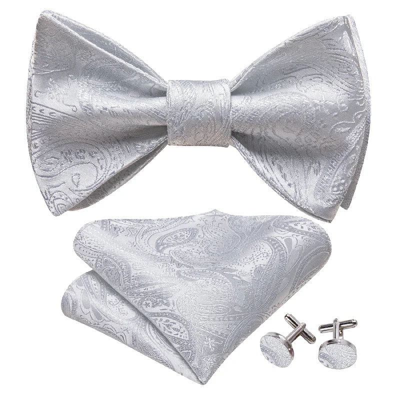 Barry Wang White Paisley Self Tie Bow Tie Hanky Cufflinks Set for Men