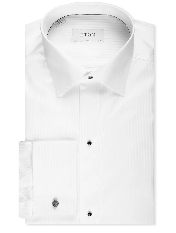 Slim Fit Striped Satin Tuxedo Shirt White