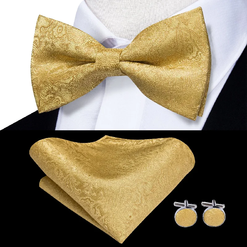 Golden Paisley Men's Pre-tied Bowtie Pocket Square Cufflinks Set