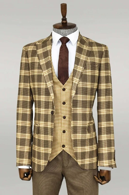 Slim Fit Patterned Checked Light Brown Men Suit - Wessi