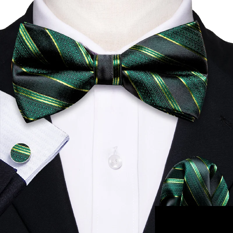 Green Black Striped Bow Tie Hanky Cufflinks Set