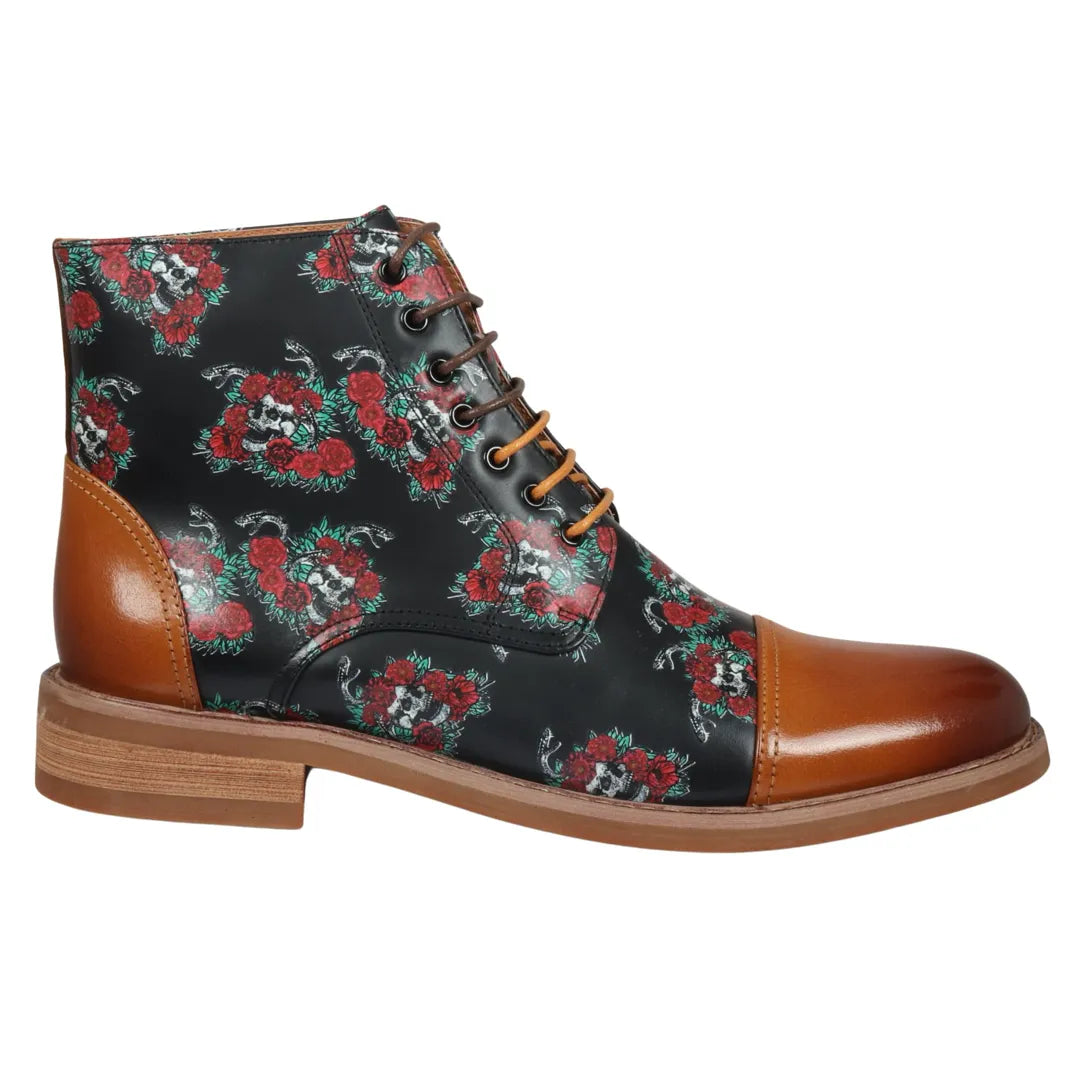 Adam - Men's Brown Floral Skull Print Leather Oxford Boots